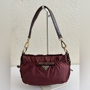 Prada Burgundy Nylon Shoulder Bag with Leather Strap